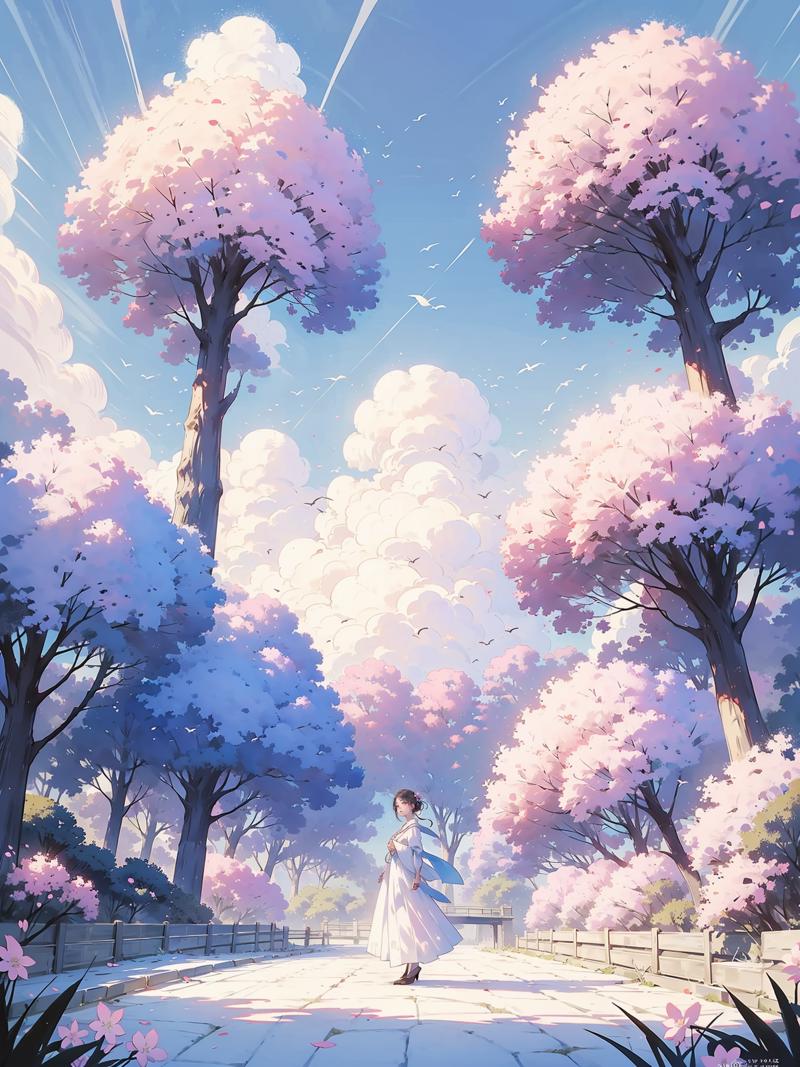 06770-4229788085-a woman in a white dress standing in front of a tree with pink flowers on it and a blue sky,Chizuko Yoshida,rossdraws global ill.png